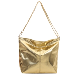 Fashionable gold metallic tote bag with chain strap and shiny textured finish