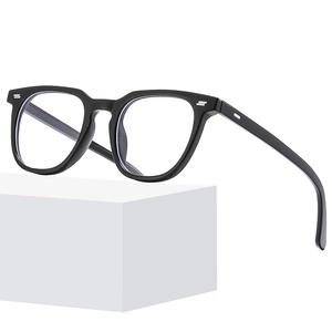 Fashionable black square anti-blue light glasses on white geometric blocks, side view