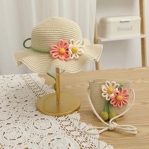 Straw sun hat and matching crossbody bag set with woven flowers for girls and kids