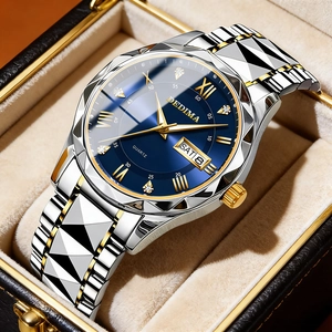Luminous quartz watch with two-tone steel band and blue dial in premium gift box