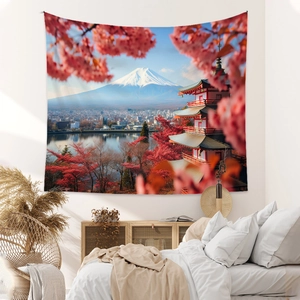 Detail of Mount Fuji tapestry featuring cherry blossoms and pagoda for room decor