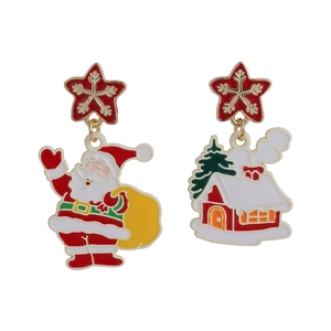 Festive Christmas Santa and snow house enamel drop earrings with red snowflake stars