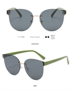 Detail view of model 77066 rimless sunglasses featuring green temples and dark gray lenses
