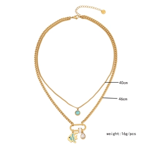 Detailed specs of double-layer gold steel necklace with fish pendant and crystal drops