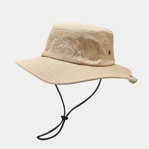 Khaki camouflage sun hat with mountain embroidery and adjustable drawstring for hiking