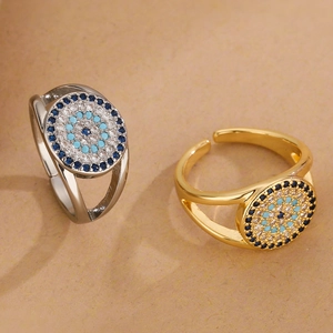 Evil Eye Open Ring Copper Micro Pave Zircon Geometric Adjustable Minimalist Trendy Jewelry For Women