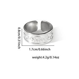 Detailed size guide of silver stainless steel open ring with evil eye pattern engravings