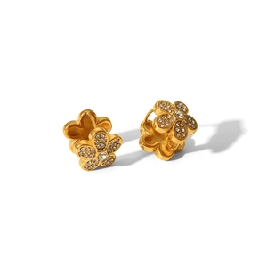 Pair of gold-plated 5-petal flower huggie earrings with sparkling cubic zirconia pavé