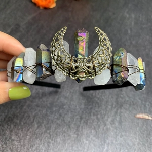 Handmade rainbow aura crystal crown with celestial crescent moon on black headband