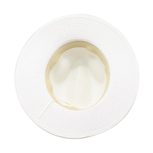 Detail of white straw hat interior showing sweatband and adjustable drawstring