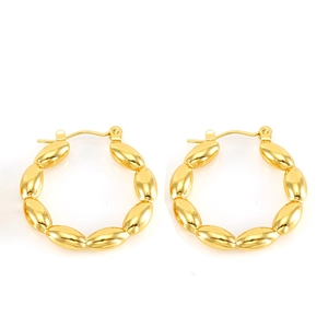 Detailed view of golden hoop earrings featuring oval beaded design and secure latch closure