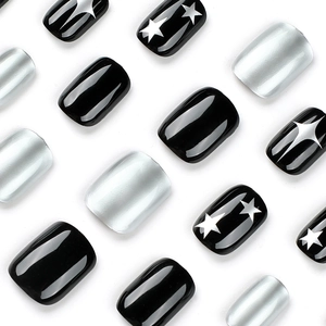 Y2K short square black and silver press-on nails with metallic stars and brushed finish