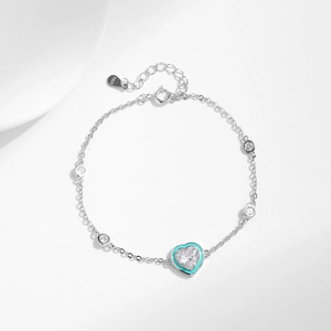 Bracelet en argent sterling S925 avec pendentif cœur bleu et zircon brillant serti