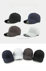 Detail view of four cotton baseball caps in black, navy and grey with wide brims