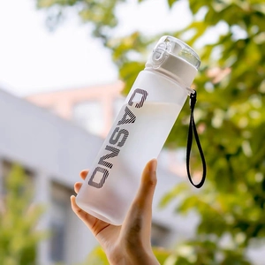 Close-up of frosted plastic sports water bottle with flip-top lid and carry strap