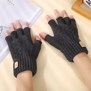 Dark grey knitted alpaca wool half-finger gloves with rib cuffs and deer leather patch