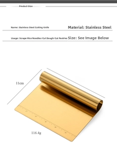 Detailed view of golden stainless steel dough cutter with measurement scale and dimensions