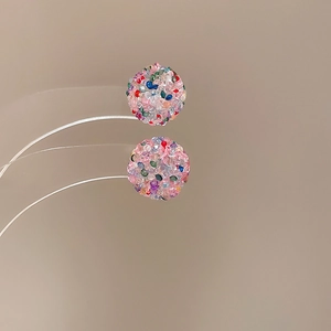Macro detail of sphere stud earring with sparkling colorful crystal beads in pink