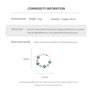 Detailed size and material chart for the zircon four-leaf clover charm bracelet
