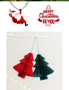 Hanging 3D honeycomb paper Christmas tree ornaments in red and green colors