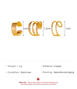 Detailed view of three-piece gold copper ear cuff set with 1cm and 1.2cm size specifications