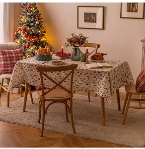 Christmas tablecloth with festive tree and snowflake prints on cotton linen fabric