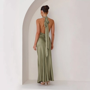 Detailed back view of an olive green satin halter maxi dress with long ribbon ties