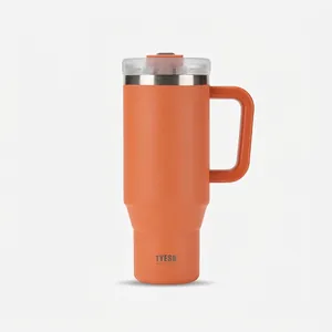 Matte orange 40oz stainless steel tumbler with large handle and secure transparent lid