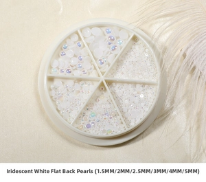 Flatback aurora white pearls for nail art DIY in a 6-grid round storage wheel case