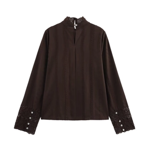 Chocolate brown long sleeve shirt with lace stand collar and pearl button details