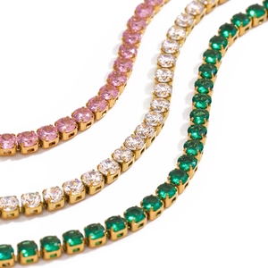 18k gold plated stainless steel tennis necklace with pink, white and green zircon stones