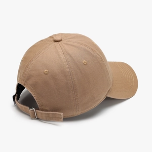 Khaki cotton baseball cap with adjustable metal buckle shown from a 45-degree back angle