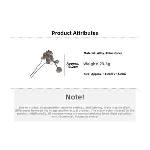 Detailed specs for flower hair pin showing alloy material, rhinestone weight, and dimensions