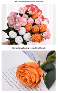Detailed view of artificial burnt-edge roses in vibrant colors for home floral decor