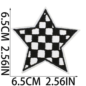 Detail view of 6.5cm star-shaped black and white checkered embroidered patch for bags