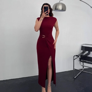 Sleeveless wine red maxi dress with waist pleats, gold buckle detail and high slit