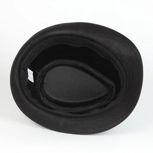 Detail of black fedora hat interior showing 80% polyester and 20% cotton lining label
