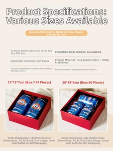 Detailed dimension chart for red Christmas and wedding gift boxes with sizes and materials