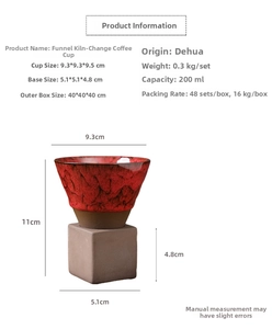 Detailed dimension chart for 200ml stoneware coffee mug and funnel-shaped ceramic base