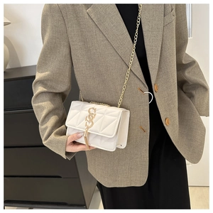 Close-up of white quilted leather chain bag with gold S-logo and fringe tassel detail