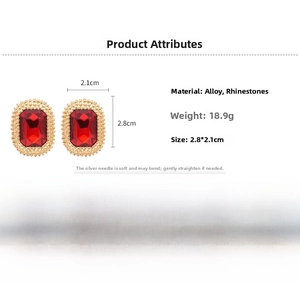 Detailed dimensions of rectangular red rhinestone earrings with gold alloy base texture