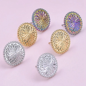 Macro view of geometric sunflower earrings in gold, silver and iridescent rainbow finish