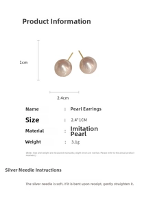 Detail view of pearl earrings showing 2.4x1cm dimensions and silver needle material