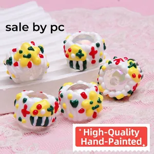 Hand-painted floral ceramic bead with iridescent inner hole for DIY jewelry making