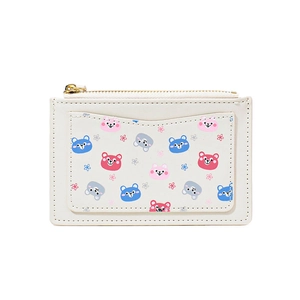 Minimalist beige PU leather mini wallet with cartoon bear and flower embroidery patterns