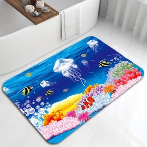 Detailed view of non-slip diatom mud bathroom mat with 3D ocean coral reef and fish pattern