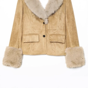 Women's camel suede jacket with faux fur collar and cuffs in a stylish slim fit style