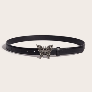 Minimalist black leather belt with a vintage silver butterfly buckle for women's jeans