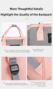Detail of pink and gray oxford backpack showing reinforced stitching and adjustable straps