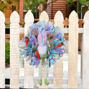 Couronne De Pâques Avec Gnome À Longues Jambes Oreilles De Lapin Peluche Carotte Ruban Maille Décoration De Printemps